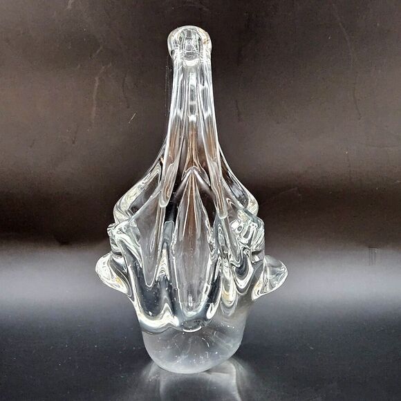 Murano Art Glass Basket Split Handle Hand Blown Clear Art Glass Vintage Abstract - Picture 3 of 10